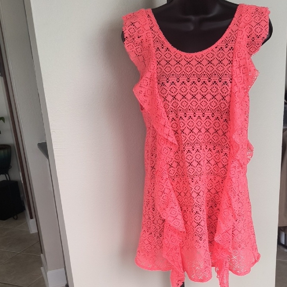 Vibrant Coral Lace Swim Cover-Up